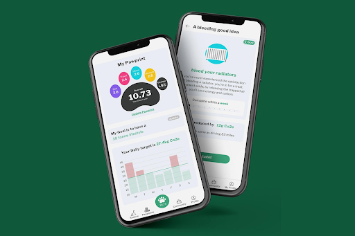 Pawprint app screens showing a user's carbon footprint tracker and eco challenges
