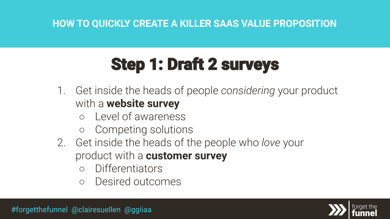 Forget the Funnel slide, Step 1: draft two surveys, a website survey and a customer survey