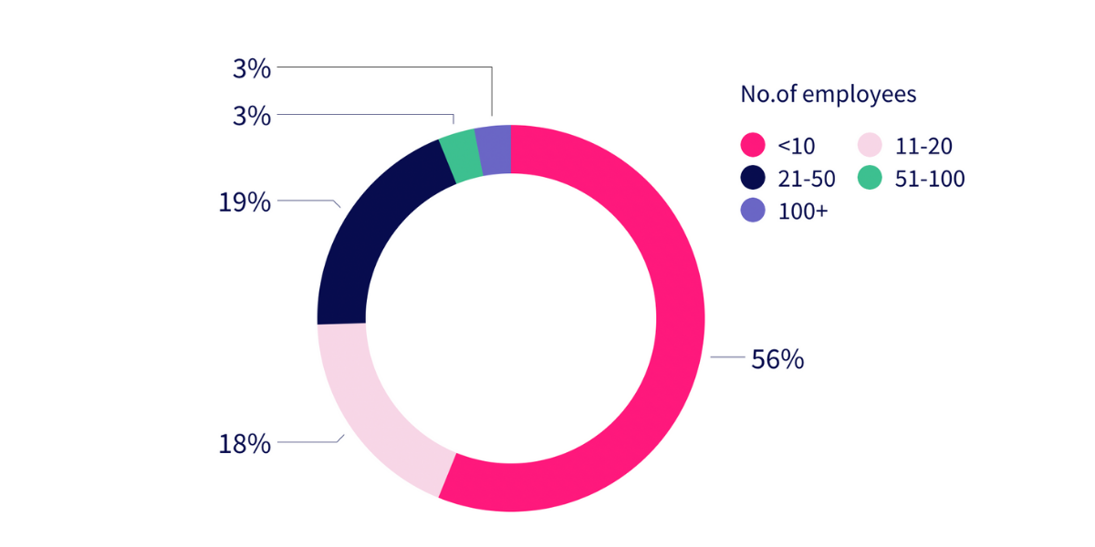 Donut chart of respondents by company size: 56% under 10 employees, 18% 11-20, 19% 21-50, 3% 51-100, 3% 100+